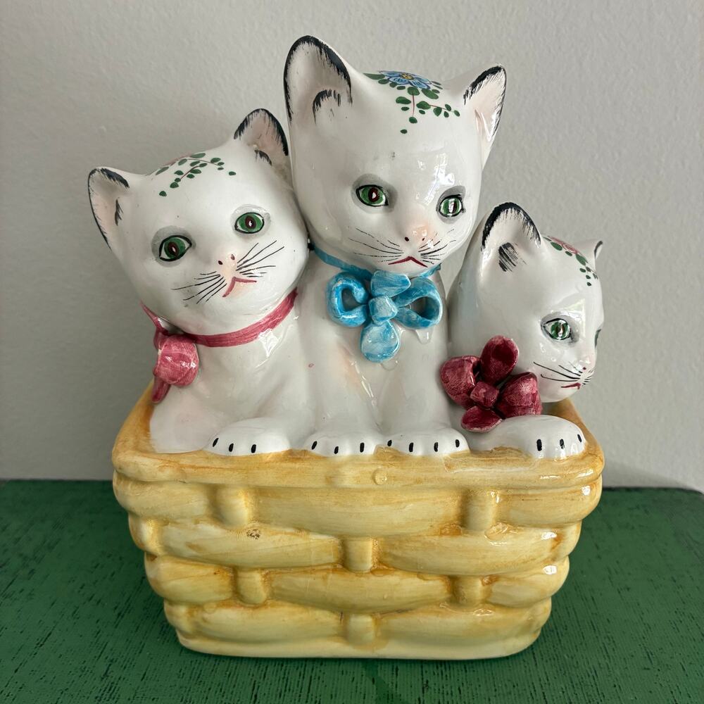Vintage Italian Ceramic Cat Piggy Bank Kitten Basket Figurine